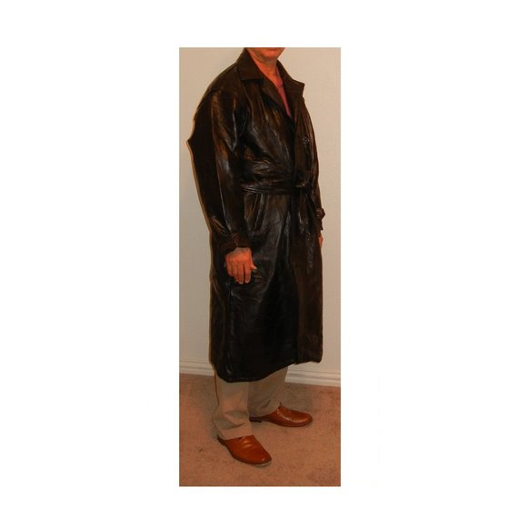 Men's Leather Trench Coat Long Overcoat Lined - Picture 2 of 7